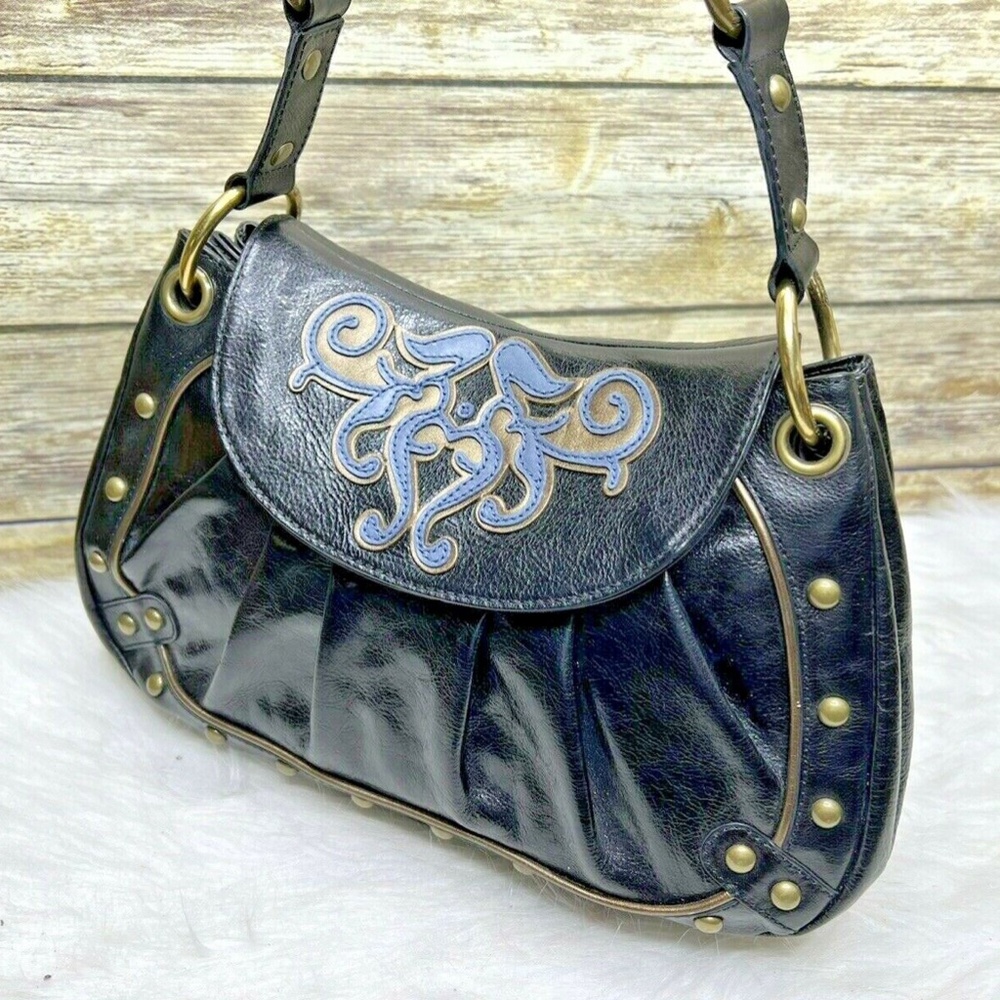 Kate Landry Black Genuine Leather Studded Accent Purse Shoulder Bag Tote - Picture 3 of 11
